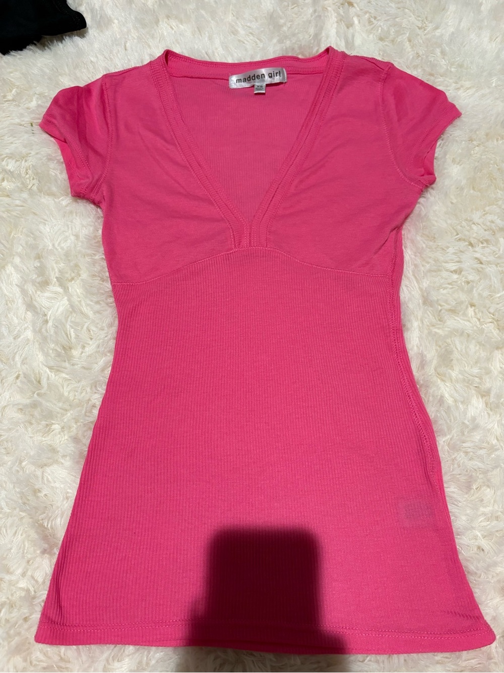 Madden Girl Hot Pink Ribbed V-Neck Short Sleeve Tee